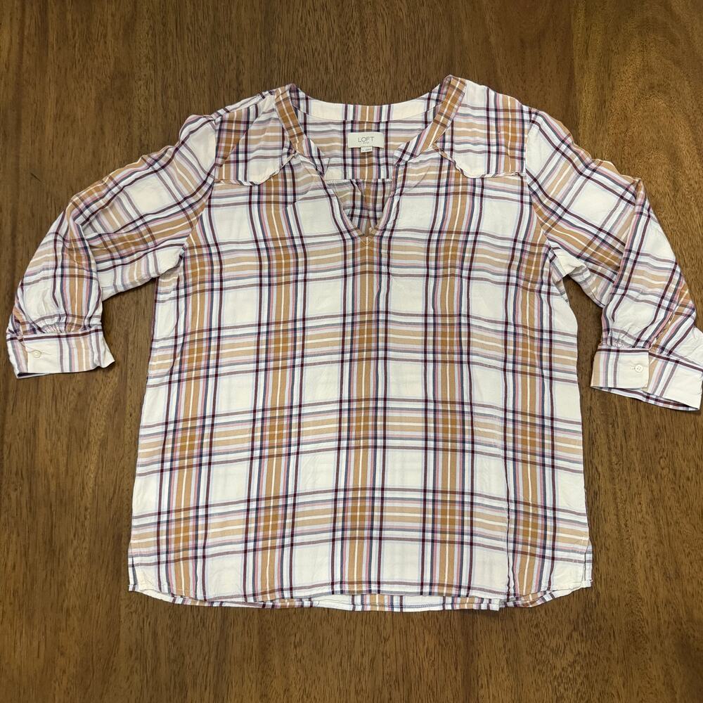 LOFT Outlet Women's Large Plaid Blouse 3/4 Sleeve Fall Autumn Burgundy Tan
